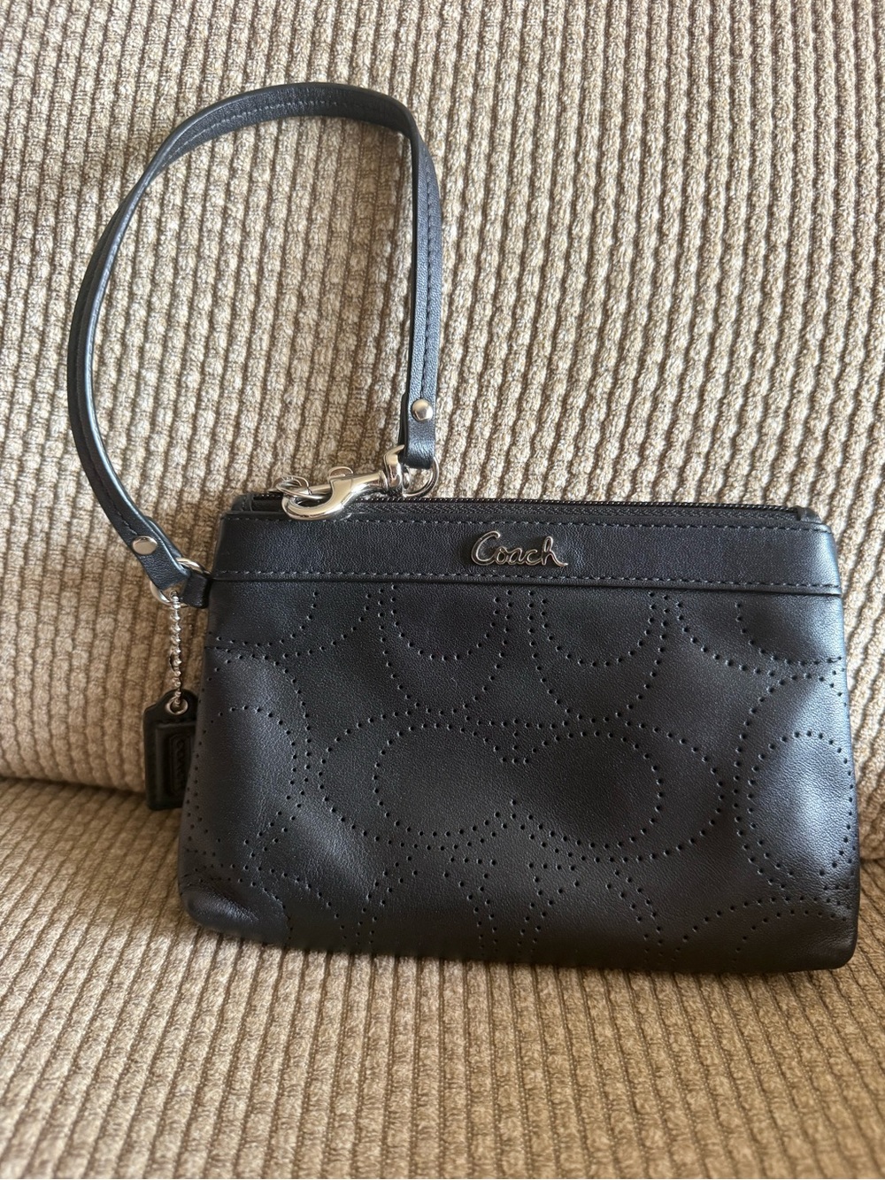 Coach Vintage Black Perforated Leather Signature C Wristlet • Near New